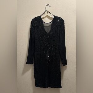 Stenay Black Sequin Long Sleeve V-Neck Sheath Dress